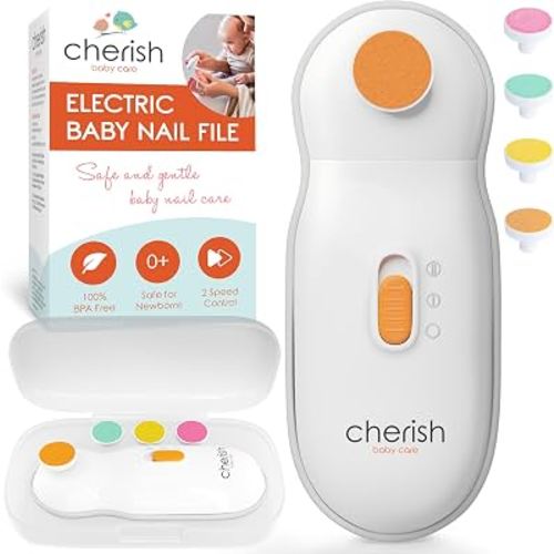 Cherish Baby Care Baby Nail Trimmer Electric - Auto Safety Stop (4 Pads) | BPA-free, safety-tested electric nail file baby kit with automatic safety stop & 4 filing pads for babies 0-12+ months.