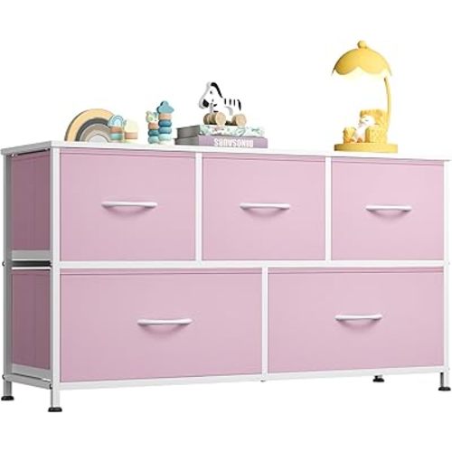 WLIVE Dresser for Bedroom with 5 Drawers, Wide Chest of Drawers, Fabric Dresser, Storage Organizer Unit with Fabric Bins for Closet, Living Room, Hallway,A-Pink
