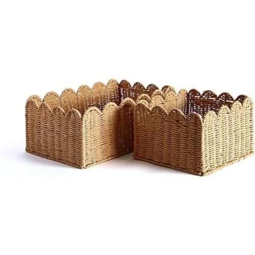 Scalloped Edge Basket, Wicker Storage Baskets, Hand Woven Baskets for Shelves,Natural Baskets for Organizing (S+M)