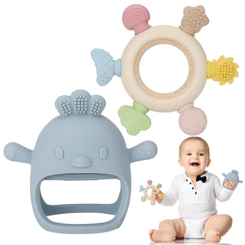 Socub 2 Pack Baby Teething Toys for Babies 0-6 Months, Silicone Teething Mitten and Wooden Ring Toy for Babies 6-12 Months, No Drop Teether Mitten and Ring Teether for Teething Relief(Dusty Blue)
