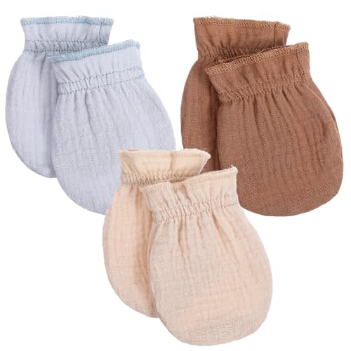 Muslin Mittens No Scratch, 3 Pairs 100% Cotton Mitts Soft Breathable Gloves, Elastic Wrist Organic Clothes, First Time Mom Essentials Registry Must Haves