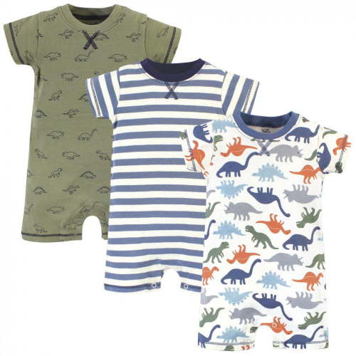 Touched by Nature Baby Boy Organic Cotton Rompers 3pk, Bold Dinosaurs, 3-6 Months