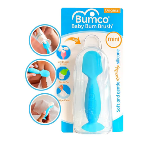 Bumco Mini Baby Diaper Cream Spatula with Case - BPA-Free Silicone Diaper Spatula with Suction Cup, Wipe-Clean Baby Bum Brush, Mom-Invented Butt Paste Applicator (Blue)