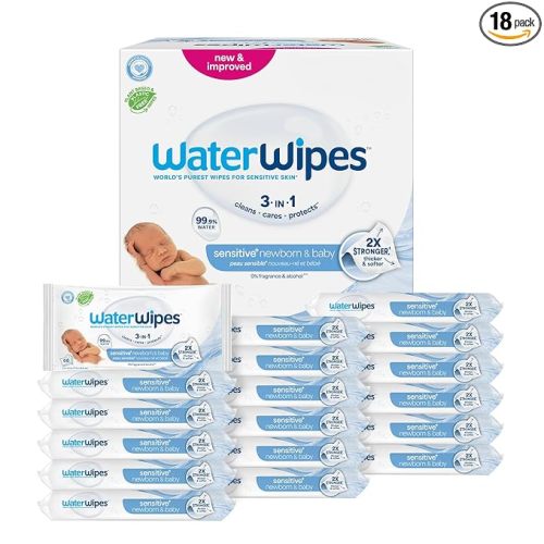 WaterWipes Sensitive+ Newborn & Baby Wipes, 3-In-1 Cleans, Cares, Protects, 99.9% Water, Unscented & Hypoallergenic, 720 Count (12 Packs)
