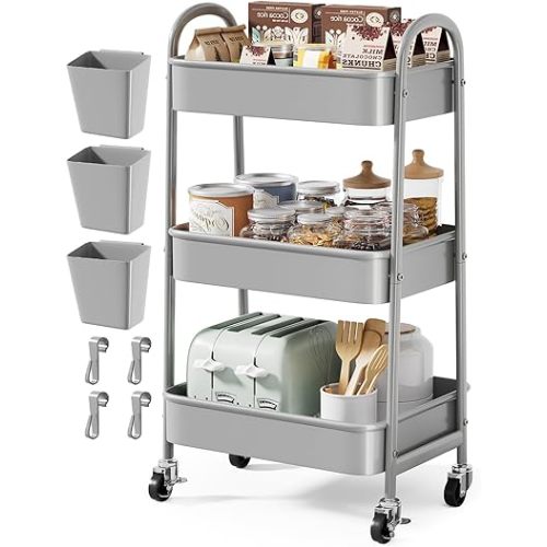 Gray 3 Tier Rolling Storage Cart on Wheels, Sturdy Metal Organizer Cart with Wheels and Handle, Three Tiered Utility Carts for Book, Art, Craft, Snack, Cleaning, Kitchen, Easy Assembly, Mesh Shelves