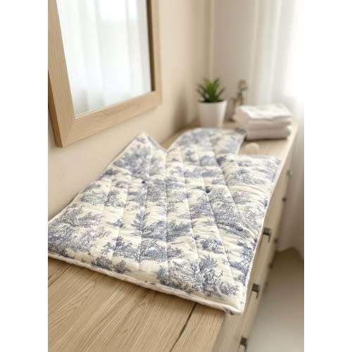 Personalised portable baby changing mat, Quilted travel changing pad, in toile de jouy cotton & bamboo terry, for on-the-go nappy changes