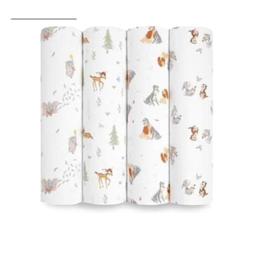 Aden + Anais Essentials Disney Baby Muslin Swaddle Blankets, Newborn Receiving Blanket for Swaddling, 100% Cotton Baby Swaddle Wrap, 4 Pack, Disney + Friends