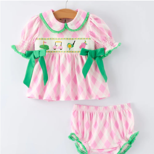 Spring Golf Embroidered Baby Girls Smocked Bow Bloomer Set