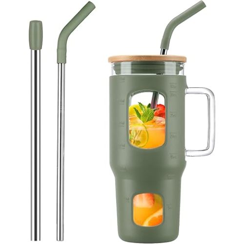 Glass Tumbler with Straw and Lid, 32 oz Glass Cup with Handle, Glass Water Bottles with Time Marker, 2 Straws - Pearl Straw & Drinking Straw Silicone Protective Sleeve-Olive