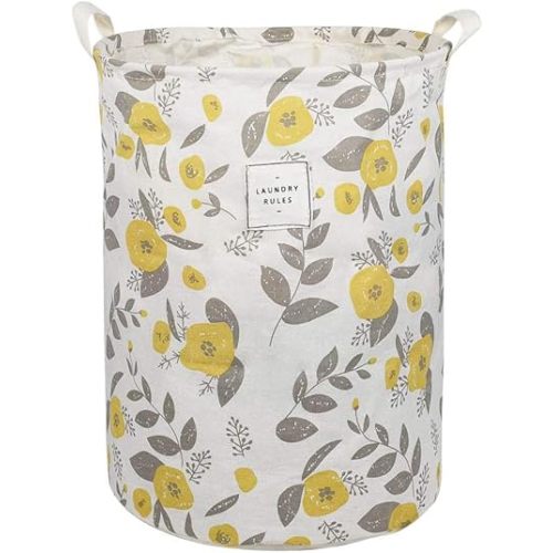 UUJOLY Collapsible Laundry Basket, Laundry Hamper with Handles Waterproof Round Cotton Linen Laundry Hamper Printing Household Organizer Basket, 19.7x15.7 inches, Yellow
