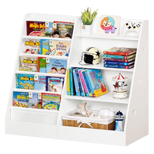 Lerliuo 4 Tier Kids Bookshelf and Storage Organizer, Five Layer Sling Children Bookcase, Baby Toddler Wooden Book Shelf, Display Cabinet for Playroom, Bedroom, Classroom, Nursery, School (White)