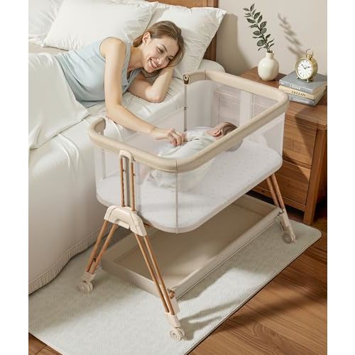 Fodoss Baby Bassinet Bedside Sleeper with Wheels and Storage Tray,4-Sided Mesh Bedside Bassinet for Infant/Newborn