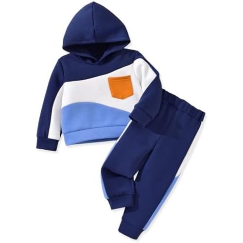 HINTINA Toddler Boy Color-blocked Hoodie Sweatsuit And Pant 2 Pieces Outfits