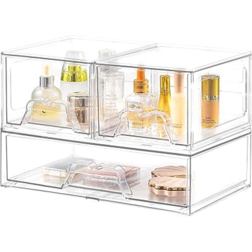 Stebopum 3 Pack Stackable Storage Drawers Clear Acrylic Organizer Makeup Bathroom Organizer and Storage for Beauty Supplies,Ideal for Vanity, Cabinet,Bathroom,Pantry Organization