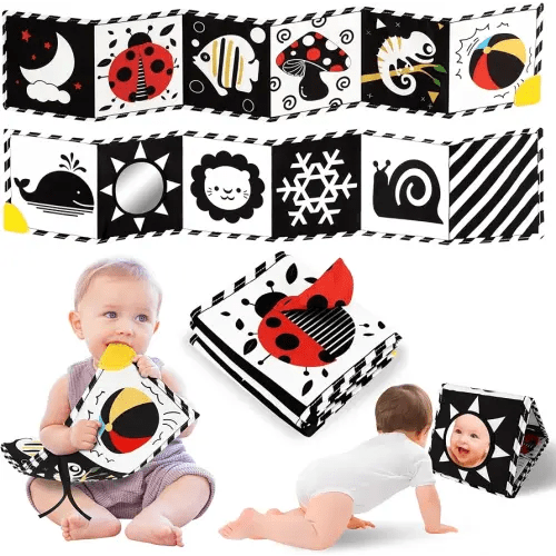 High Contrast Baby Book with Teether, Black and White Baby Book, 0-6-12 Months Soft Book for Newborn, Sensory Books, Montessori Learning Activities for Babies, Easter Basket Stuffer
