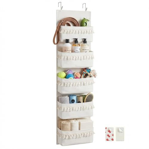 Over The Door Organizer, Pet Supplies Hanging Storage Rack, Beige | Boho Canvas 5-Tier Pocket With Tassels. Features PE Front, Wipeable Bottom & 44lbs Capacity. Ideal For Bathroom & Nursery.