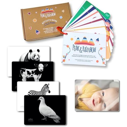 Montessori Baby Activity Cards 0-12 Months | 40+ Creative Playtime Activities to Stimulate Development for Babies| Includes High Contrast Cards and Tummy Time Mirror| Baby Must Haves| New Parent Gift