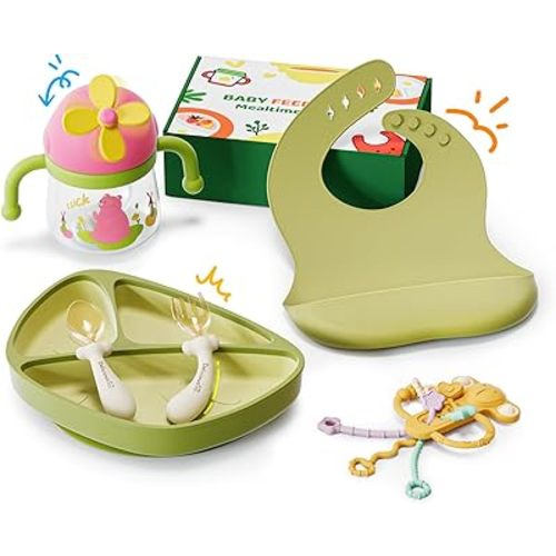 EMOJOY Silicone Baby Feeding Set, Toddler Plates Set 8 PCS – Suction Plate, Spoons, Forks, Bibs and Sippy Cups, Baby Led Weaning Essential, BPA-Free Baby Dishes & Utensils, Dishwasher Safe