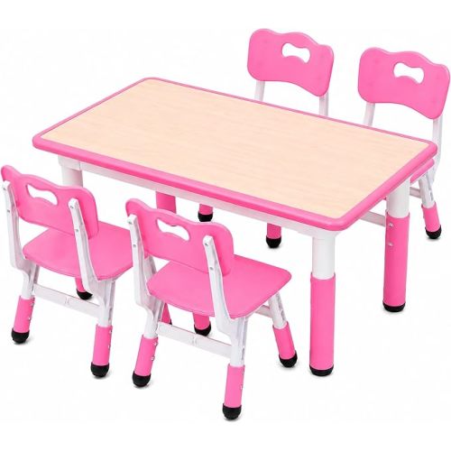 Kids Table and 4 Chairs Set, Height Adjustable Toddler Desk and Chair Set, Children Multi-Activity Table, Graffiti Desktop for Classroom/Daycare/Home, Ages 2-8