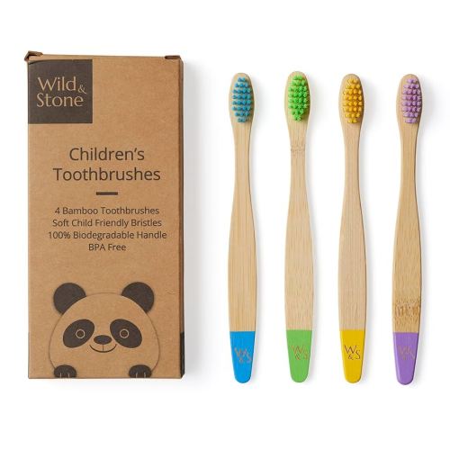 Wild & Stone Organic Children's Bamboo Toothbrush | Four Colors | Soft Fibre Bristles | 100% Biodegradable Handle | BPA Free | Vegan Eco Friendly Kids Toothbrushes