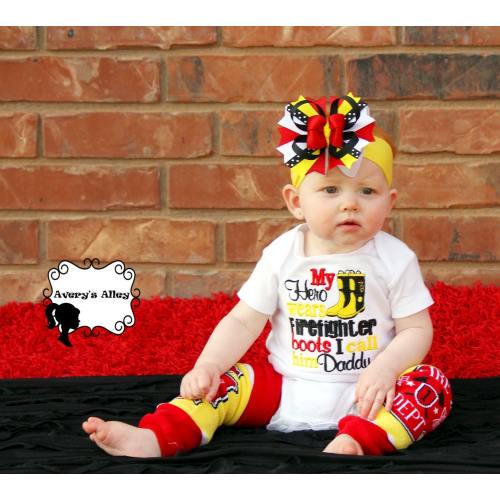 My Hero wears Firefighter Boots I call him Daddy - Girls Fireman Embroidered Shirt or Bodysuit & Hair bow