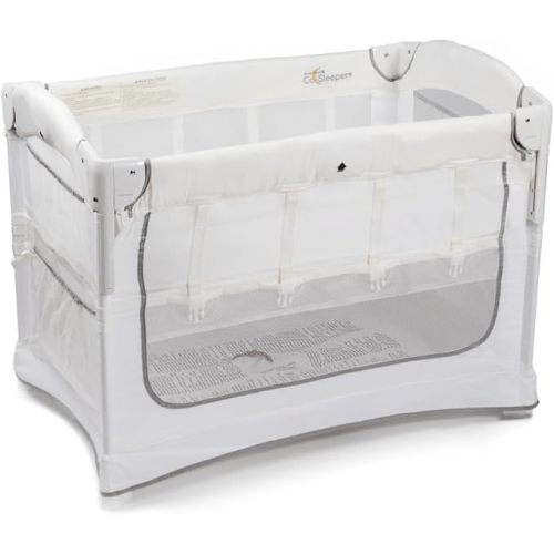 Arm’s Reach Ideal Ezee 3 in 1 Co-Sleeper Folding Bedside Bassinet and Play Yard Featuring Breathable Mesh Sides with Side Pockets for Storage and 4-Inch Sleeping Nest, White