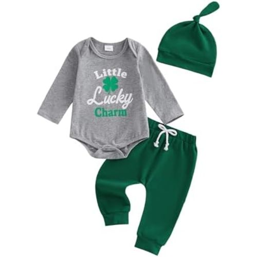Lamuusaa Newborn Baby Boy St Patricks Day Outfit Little Lucky Charm Romper Green Long Pants Hat 3Pcs Clothes Set