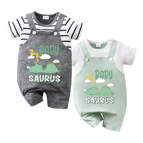 2-Pack Baby Dinosaur Romper Set Baby Saurus Short sleeve Overalls with Snap Bottoms Toddler Boy Girl Summer Outfit