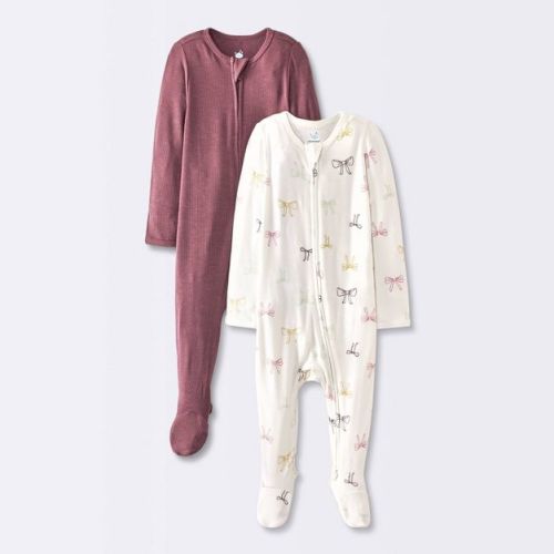 Baby Girls' 2pk Bows So Very Soft Modal Blend Sleep N' Play - Cloud Island™ Burgundy/Cream 0-3M
