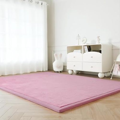 Loartee Faux Rabbit Fur Rug - 1.18" Thick Soft Fluffy Area Rug, Non-Slip Memory Foam Crawling Mat, Light Pink, 78"x118"