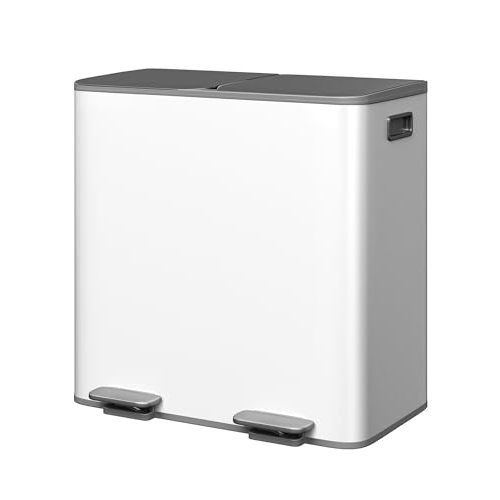 GarveeHome 2 x 10.6 gal Stainless Steel Double Trash Can with Lid for Kitchen, Large Dual Trash and Recycle Bin Combo, Step-on Kitchen Metal Garbage Cans, PP Inner Buckets, Liner Rim, Grayish-White
