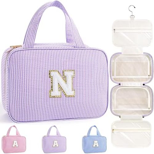 TOPEAST Hanging Toiletry Bag for Women - Travel Toiletry Bag Makeup Bag, Portable Toiletries Cosmetic Bag, Airplane Travel Essentials - Letter N, Purple