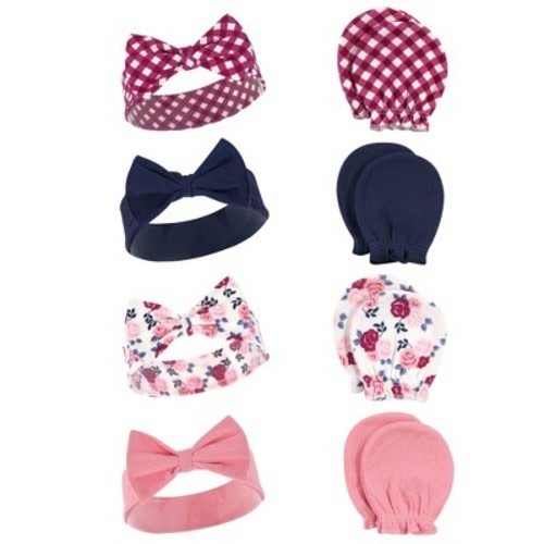 Hudson Baby Infant Girls Cotton Headband and Scratch Mitten Set, Pink Navy Floral, 0-6 Months