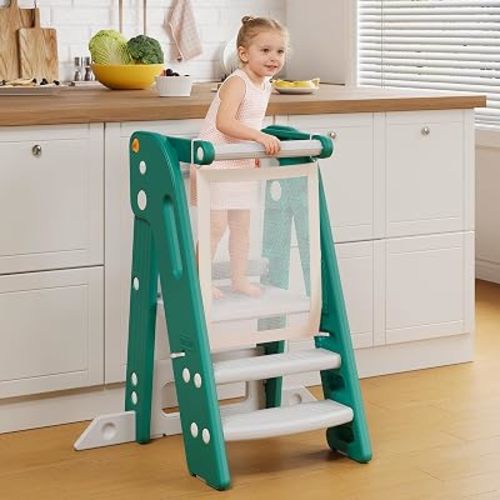 Toddler Standing Tower, Converts from 3-Step to 2-Step as Kids Grow, Space Saving Kids Kitchen Step Stool for Bathroom Sink, Kitchen Counter and Everyday Household Use-Green