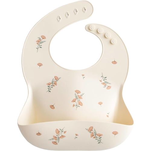 mushie Silicone Baby Bib | Adjustable Fit Waterproof Bibs (Pink Flowers)