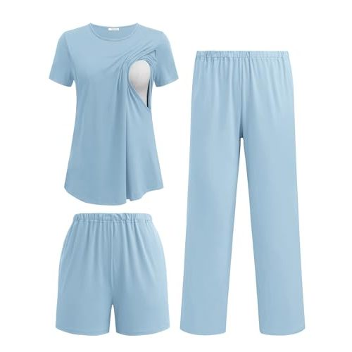Ekouaer 3 Piece Maternity Pajamas Set Postpartum Nursing Short Sleeve Breastfeeding Sleepwear Pregnancy Shorts & Pants Pjs