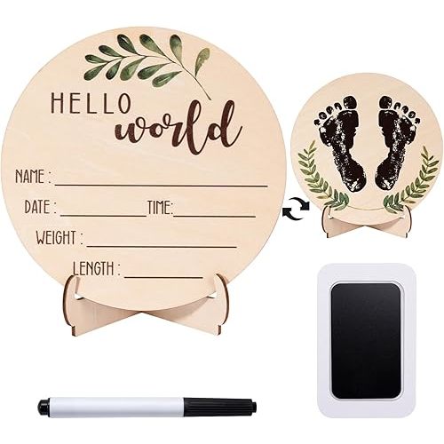 Baby Announcement Sign for Welcome Baby - Double-Sided Hello World Newborn Name Sign for Hospital with Marker and Stand, Wooden Birth Announcement Board for New Girls Nursery Gifts