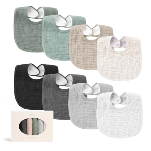 Konssy 8-Pack Muslin Baby Bibs, Adjustable Fit for Drooling and Teething | Soft Absorbent, Drool Bibs for Baby Boys Girls, Cotton Front with Fleece Backing, Newborn to Toddler 0-36M