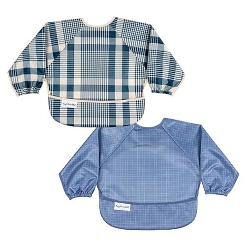 Tiny Twinkle Long Sleeve Bib for Babies & Toddlers | 2-Pack Waterproof Smock Bib for Eating | Machine Washable & Mess-Proof Feeding Essentials | Newborn Shower Gift (Gingham Grid, 6-24M)