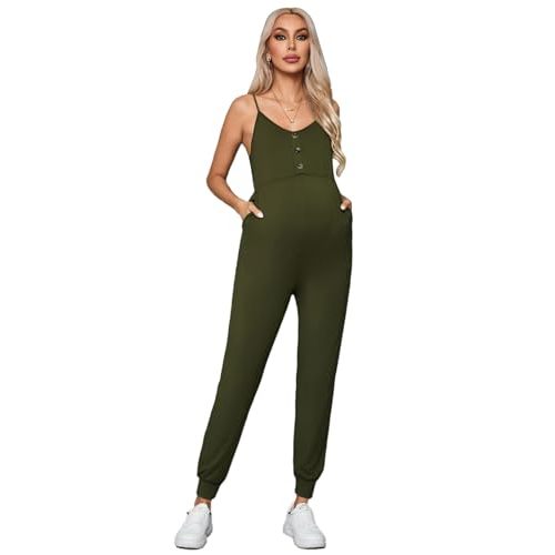 OYOANGLE Women's Maternity Ribbed Knit Cami Jumpsuit Button Spaghetti Strap Pregnancy Romper with Pockets Army Green X-Large