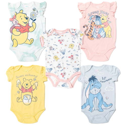 Disney Winnie the Pooh, Eeyore, Tigger Infant Girls 5 Pack Onesies Outfit, Newborn to Infant