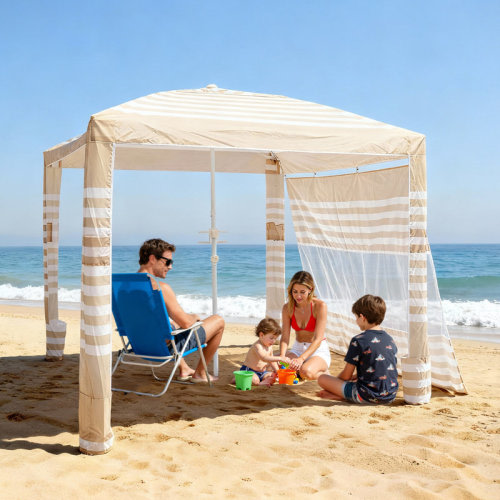 VEVOR Beach Cabana, 8 x 8 ft Beach Canopy with Side Wall, UPF 50+ Protection Easy Setup Cabana Tent with Sand Pockets, Adjustable Height Portable Shade Sun Shelter Umbrella for Whole Family & Friends | Wayfair