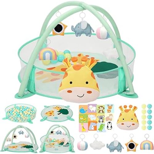 7-in-1 XL Large Baby Play Gym Mat, Tummy Time Mat, Baby Gym & Ball Pit, Baby Activity Mat with Milestone Cards & 6 Detachable Toys for Sensory Motor Skill, Giraffe