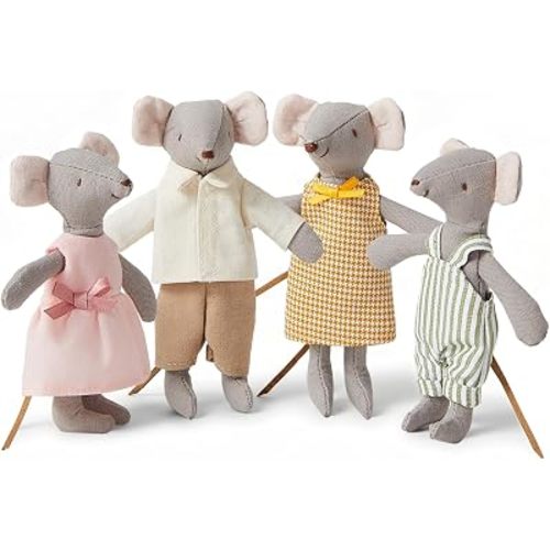 Giant bean Mouse Toys for Kids, 4 PCS Hand Made Mouse Family Dolls with Removable Clothes, Suitable for Infants, Boys and Girls, Dollhouse People