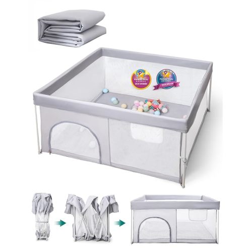 Babelio Foldable Baby Playpen with Mat, Snap-Play, 46" × 46" | No Assembly Required, Portable Playard for Babies and Toddlers, Indoor & Outdoor Kids Safety Play Pen Area, Travel Fence