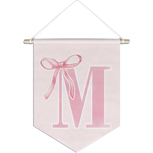initial Personalized Preppy Canvas Hanging Pennant Flag Banner, Coquette Pink Bow Teen Girl Gifts,Trendy Cute Monogrammed Gifts Wall Decor for Women Teen Girl Nursery bedroom(M)