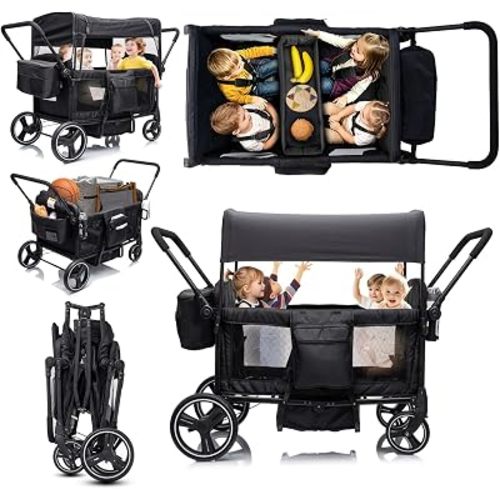 Wagon Stroller for 4 Kids, Luxury 4 Seater All-Terrain Baby Tandem
