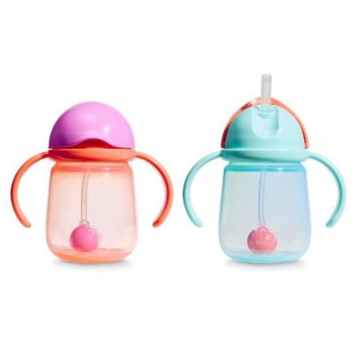 Munchkin 7oz Plastic Any Angle Spill-Proof Weighted Straw Trainer Cups with Handles 2pk - Coral/Mint