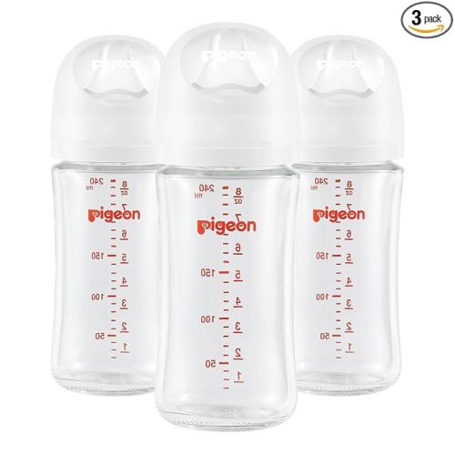 Pigeon Glass Baby Bottles Wide Neck, 8.1 Oz, Pack of 3 | Nurture & Nest, Borosilicate Glass, Anti-Colic Bottle, Natural Feel, Easy to Clean, Includes 3pcs Stage 3 Nipples (3M+)