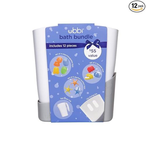 Ubbi Bath Toy & Drying Bin Bundle, Includes 10 Bath Toys, 1 Hair Rinse Cup and 1 Gray Toy Drying Bin, Infant and Toddler Bathtub Accessories